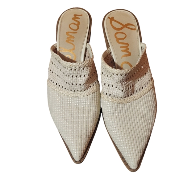 Sam Edelman Lillianna Ivory Woven Leather Pointed Slip On Block Heel Mules Sz 10 - Picture 2 of 13